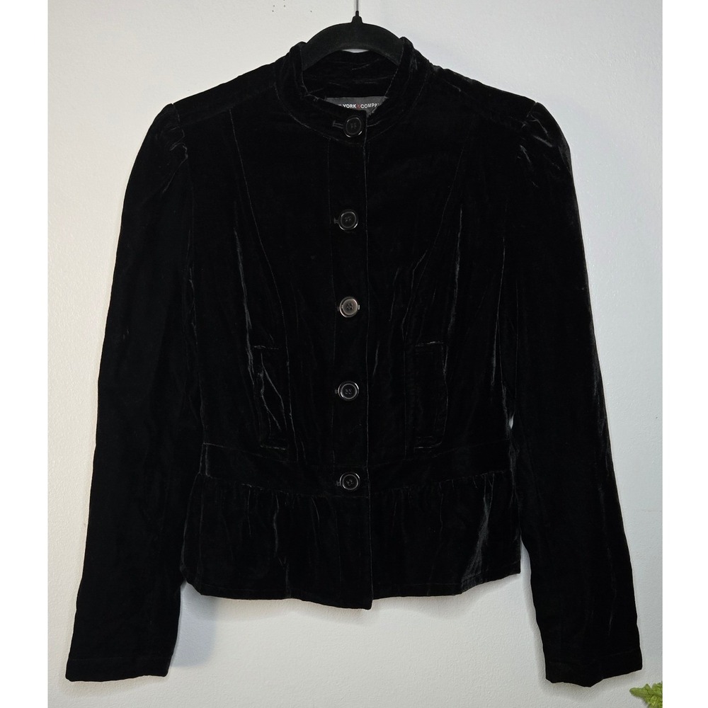 New York & Company Black Velvet Peplum Blazer Jacket Size 2 Y2K